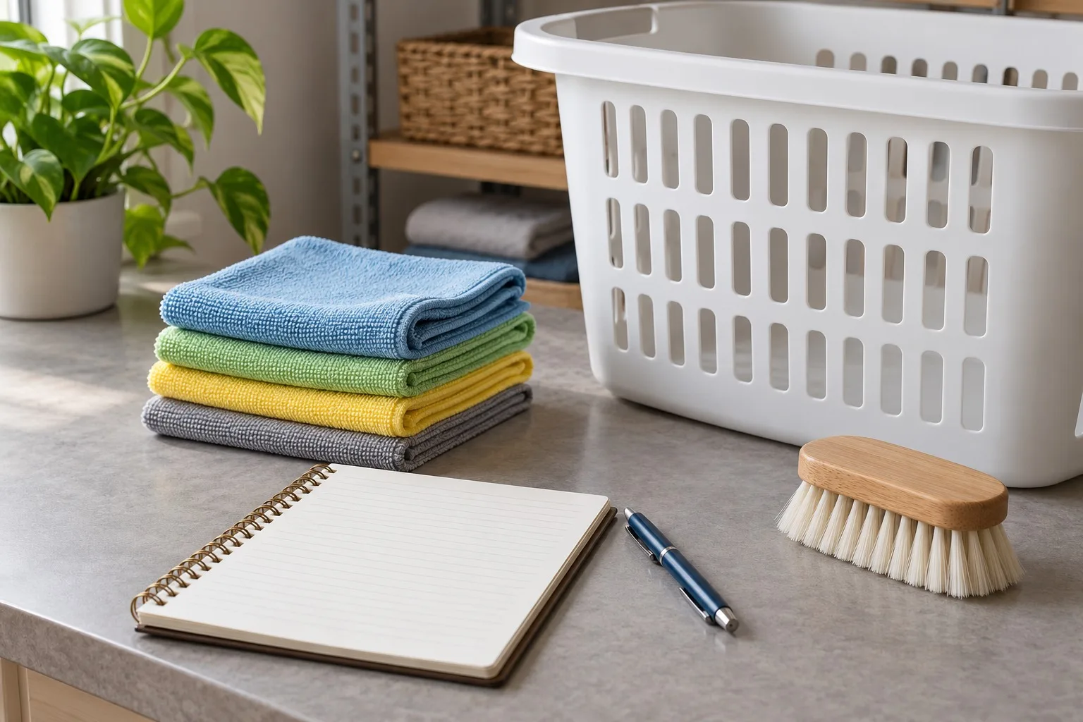 Unbeschriftetes Aufgabenheft, Stift, gefaltete Tücher, Wäschekorb und Bürste auf einem sauberen Tisch.